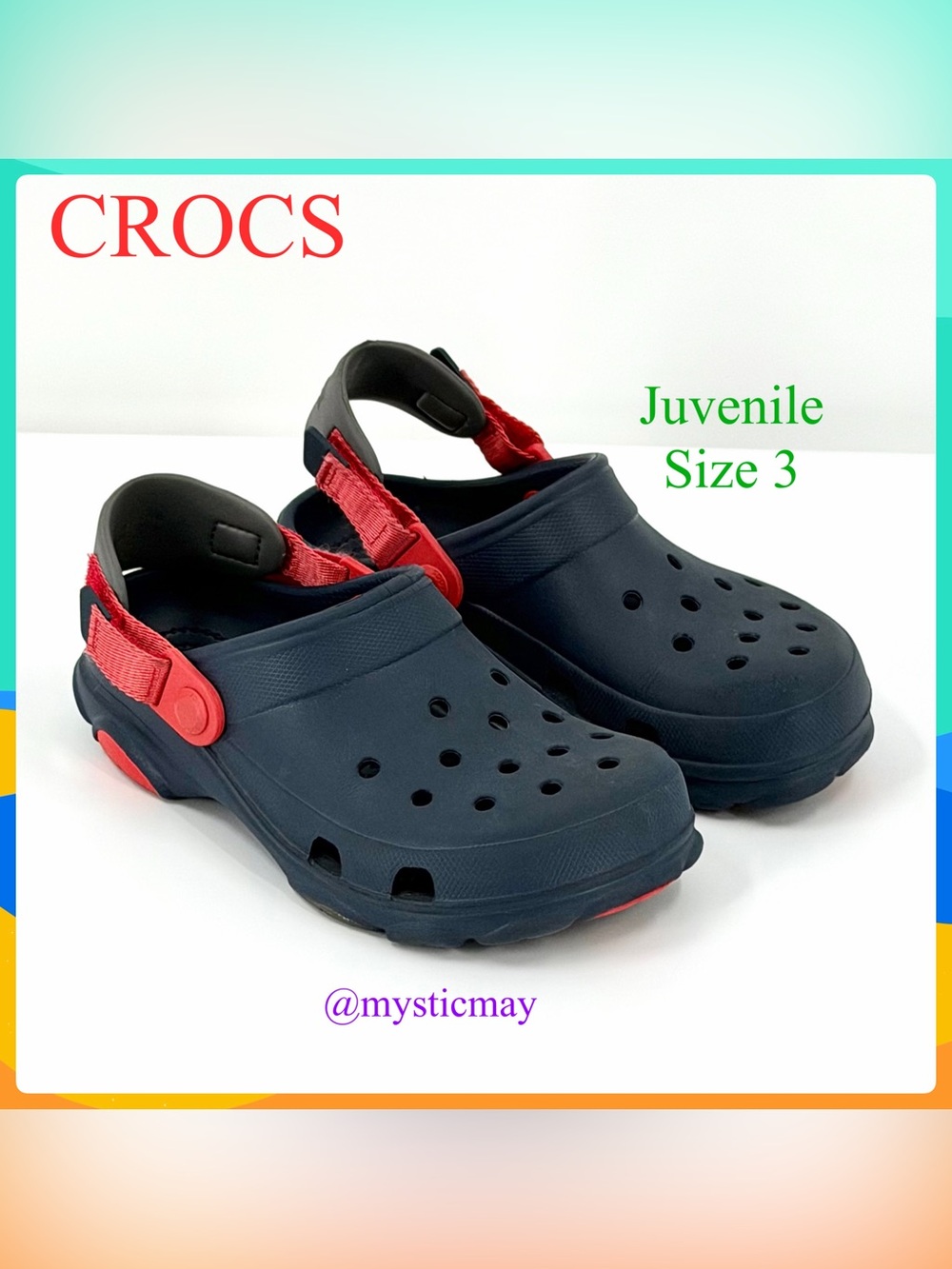 Kids Navy Blue CROCS Clogs w Red Adjustable Length Heel Straps Juvenile Size 3